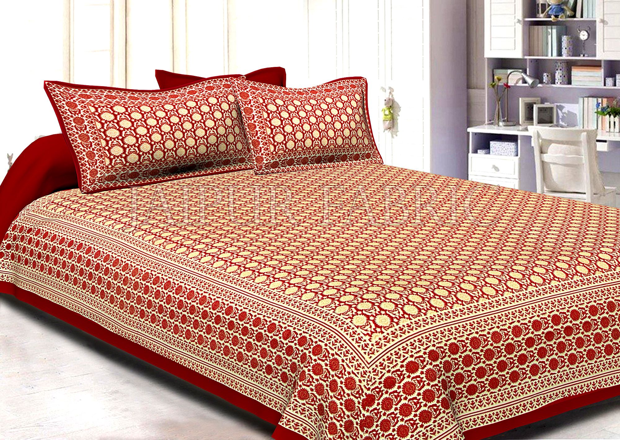 Maroon Border Cream Base Small Floral Pattern With Golden Print Super Fine Cotton Double Bedsheet