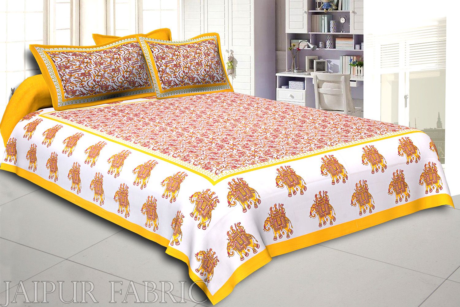 Yellow Elephant Safari Printed Cotton Double Bed Sheet