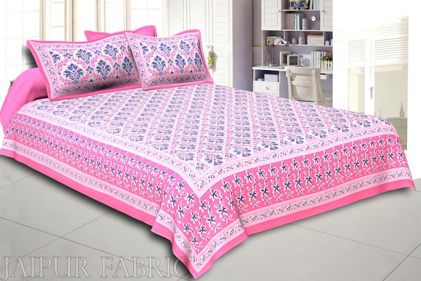 Pink Border Multi Color Floral Printed Cotton Double Bed Sheet