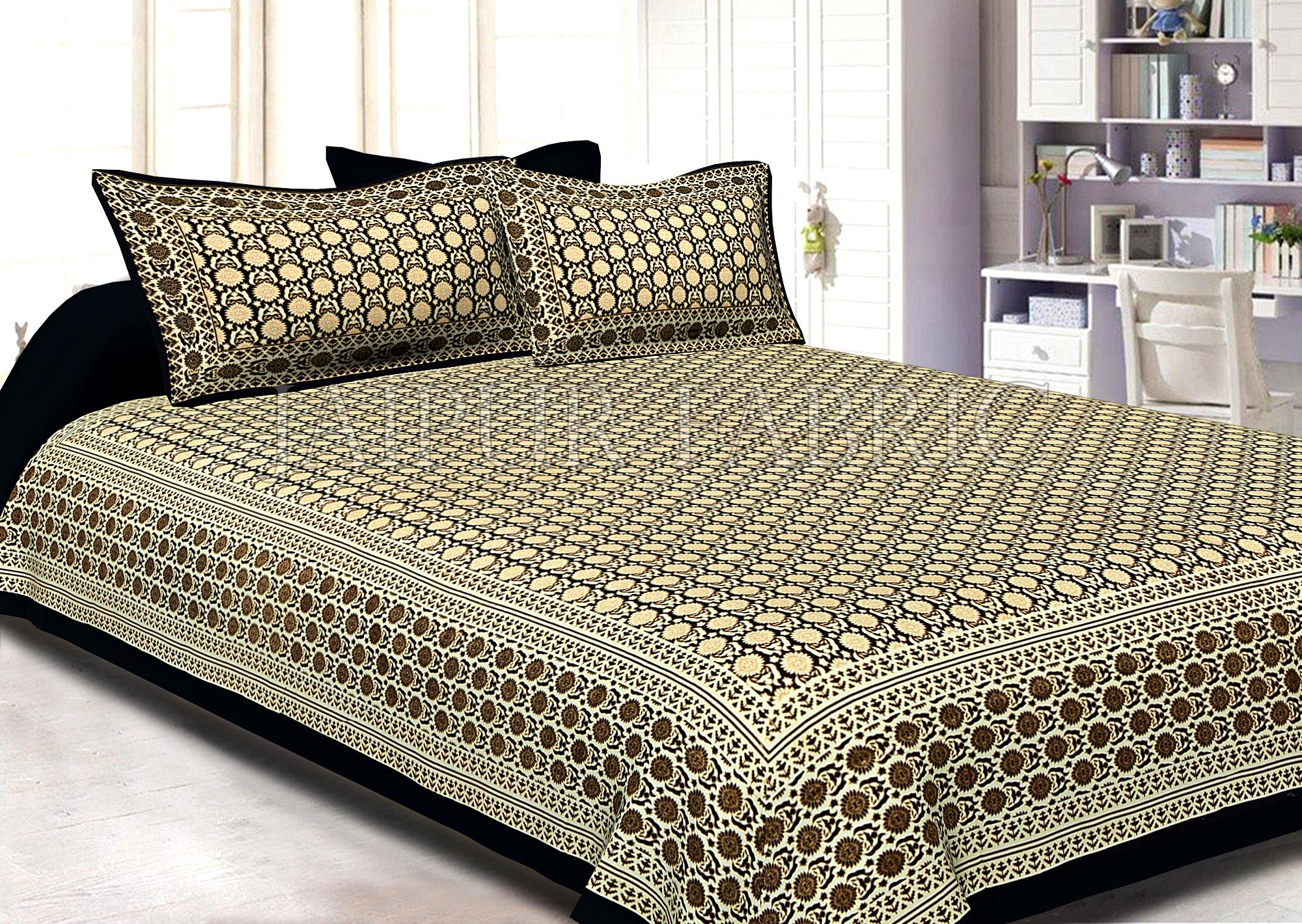 Black Border Cream Base Small Floral Pattern With Golden Print Super Fine Cotton Double Bedsheet