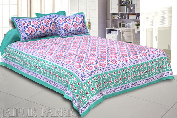 Green Border Multi Color Floral Printed Cotton Double Bed Sheet