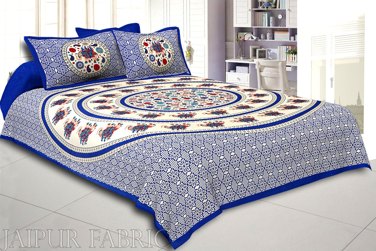 Blue Border Elephant and Rangoli Print Cotton Double Bed Sheet