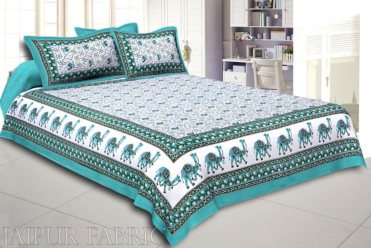 Green Base Jaipuri Camel Printed Cotton Double Bed Sheet
