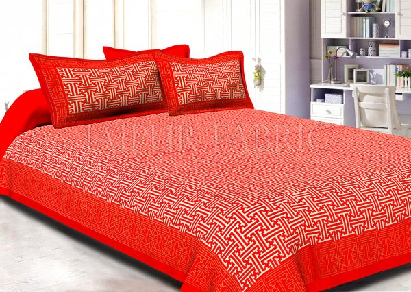 Redish Orange Border Cream Base Zig Zag Pattern With Golden Lining  Super Fine Cotton Double Bedsheet