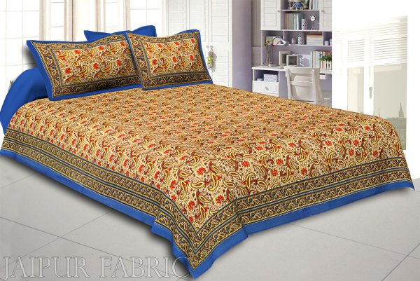 Blue Rajasthani Jaipuri Printed Cotton Double Bed Sheet