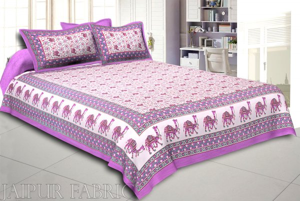 Purple Base Jaipuri Camel Printed Cotton Double Bed Sheet