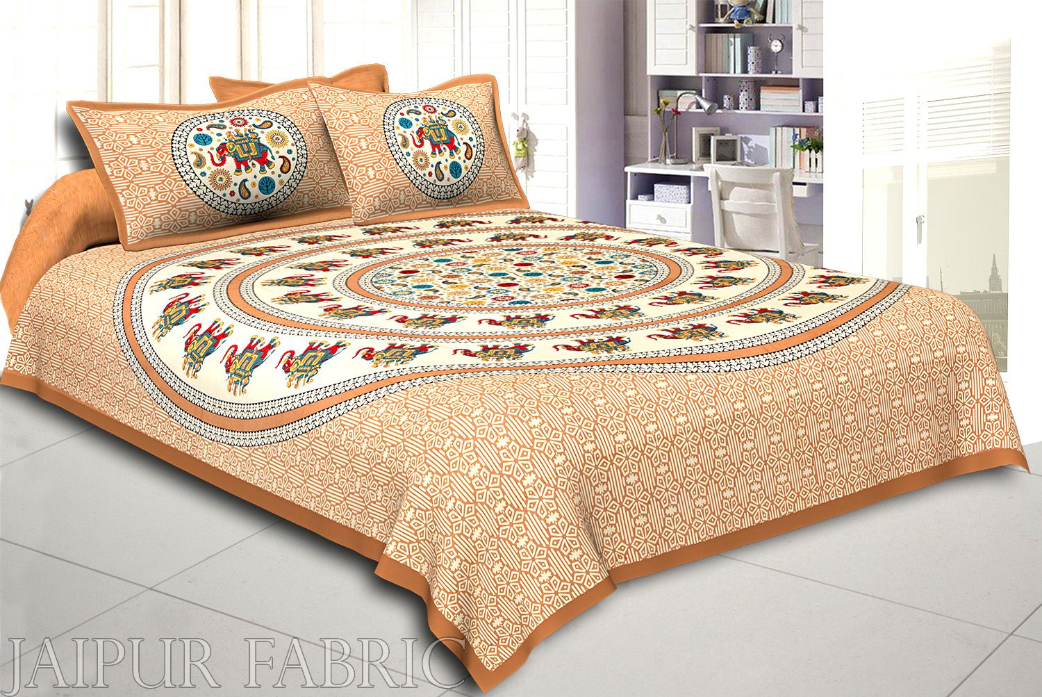 Brown Border Elephant and Rangoli Print Cotton Double Bed Sheet