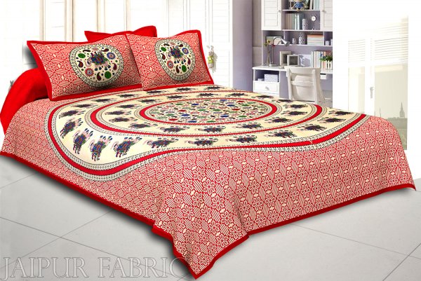 Red Border Elephant and Rangoli Print Cotton Double Bed Sheet