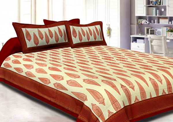 Maroon Border Cream Base Long Leaf Pattern With Golden Print Super Fine Cotton Double Bedsheet