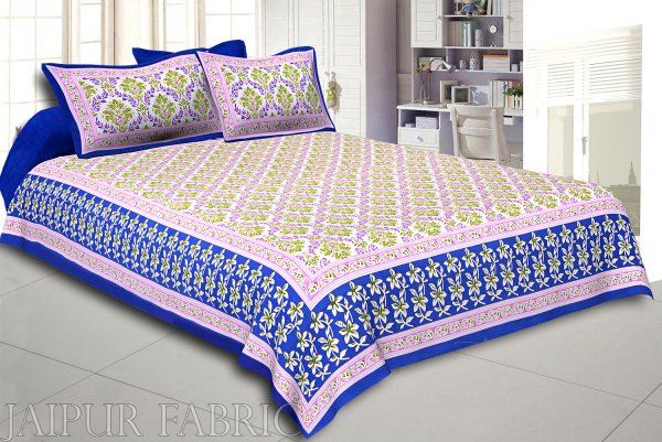 Blue Border Multi Color Floral Printed Cotton Double Bed Sheet