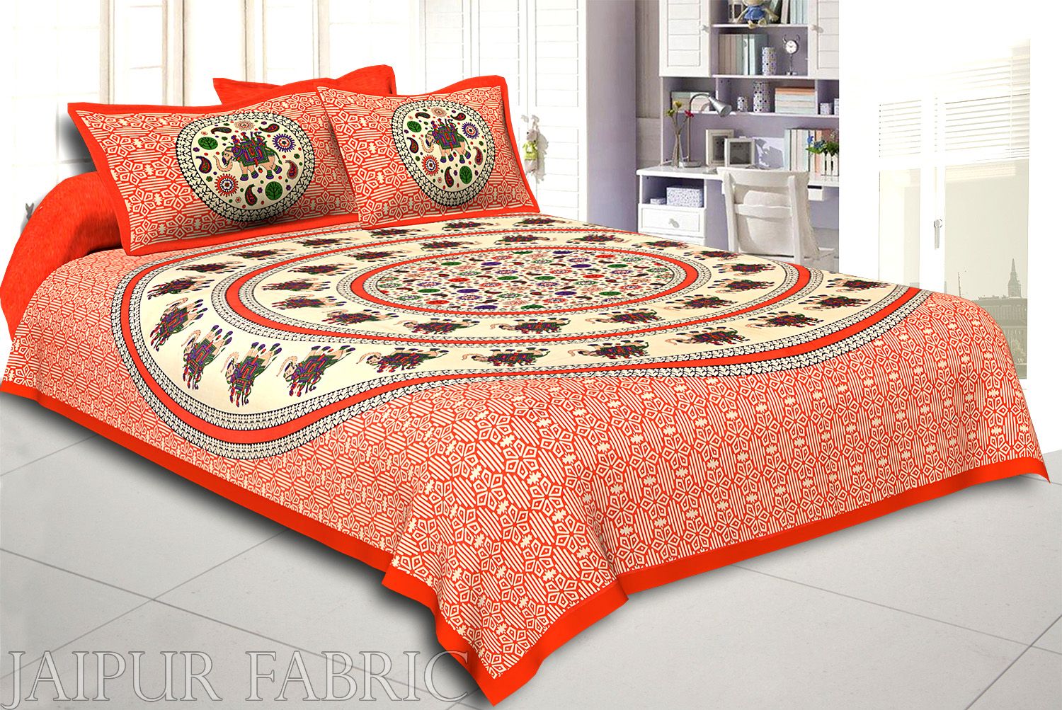 Orange Border Elephant and Rangoli Print Cotton Double Bed Sheet
