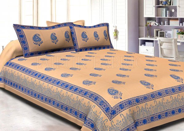 Light Brown Base Blue Colour Kerry Patttern Hand Block Print Super Fine Cotton Double Bedsheet