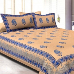 Light Brown Base Blue Colour Kerry Patttern Hand Block Print Super Fine Cotton Double Bedsheet