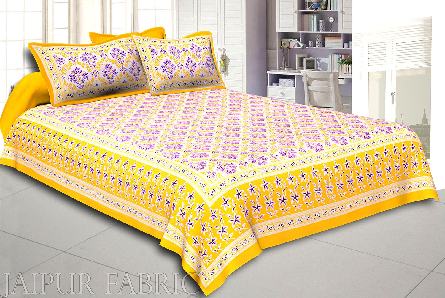 Yellow Border Multi Color Floral Printed Cotton Double Bed Sheet