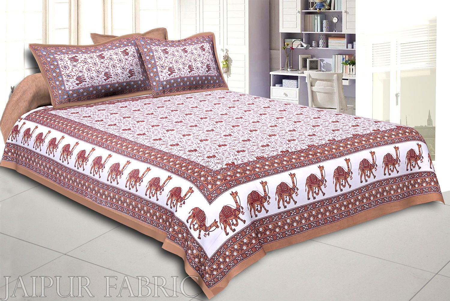 Khaki Base Jaipuri Camel Printed Cotton Double Bed Sheet
