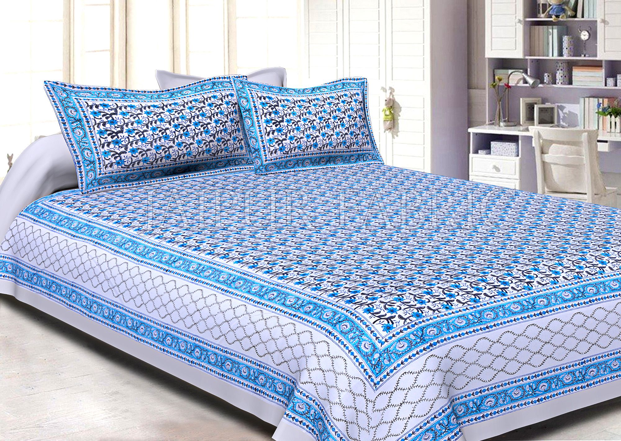 White Base White Blue Border Small Blue Flower With Black Leaf Pattern Hand Block Print Super Fine Cotton Double Bed Sheet