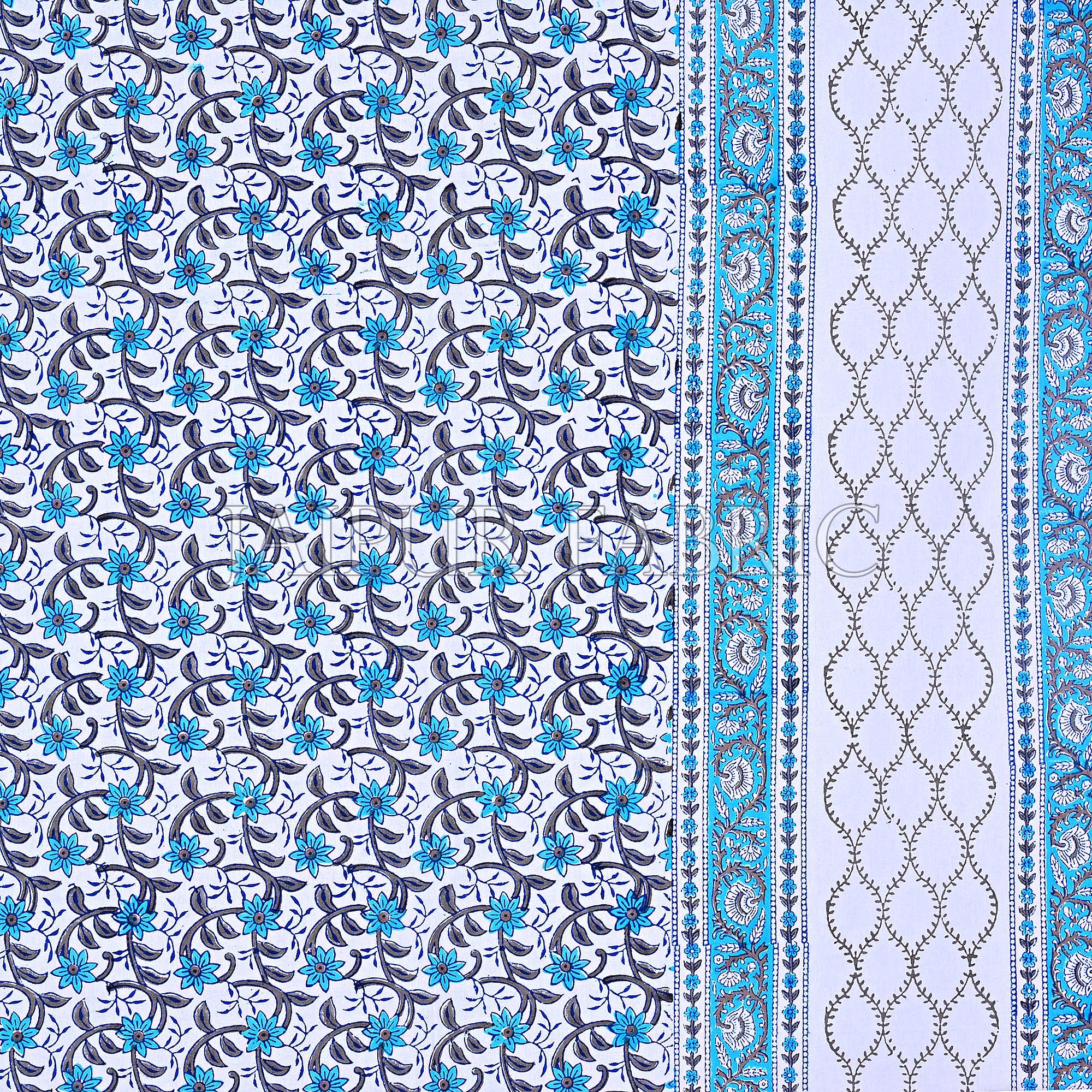 White Base White Blue Border Small Blue Flower With Black Leaf Pattern Hand Block Print Super Fine Cotton Double Bed Sheet