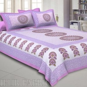 Purple Sanganeri Printed Cotton Double Bed Sheet