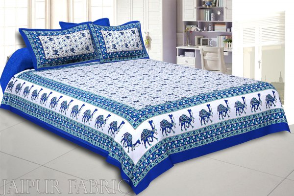 Blue Base Jaipuri Camel Printed Cotton Double Bed Sheet