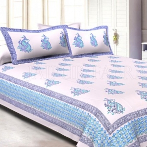 White Base Light And Dark Blue Twin Leaf Pattern Hand Block Super Fine Cotton Double Bedsheet