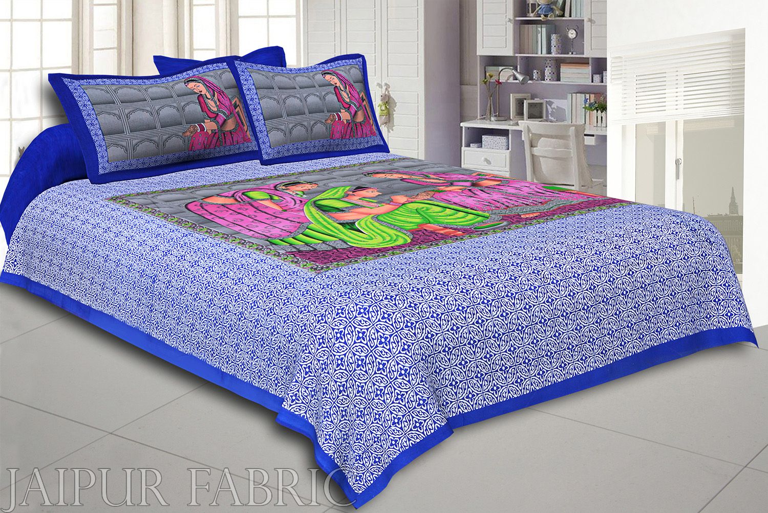 Blue Border With Blue Base '' Lady With Mehandi Creation '' Cotton Double BedSheet With 2 Cover