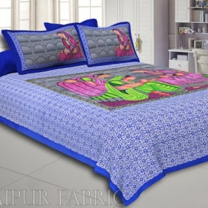Blue Border With Blue Base &#039;&#039; Lady With Mehandi Creation &#039;&#039; Cotton Double BedSheet With 2 Cover