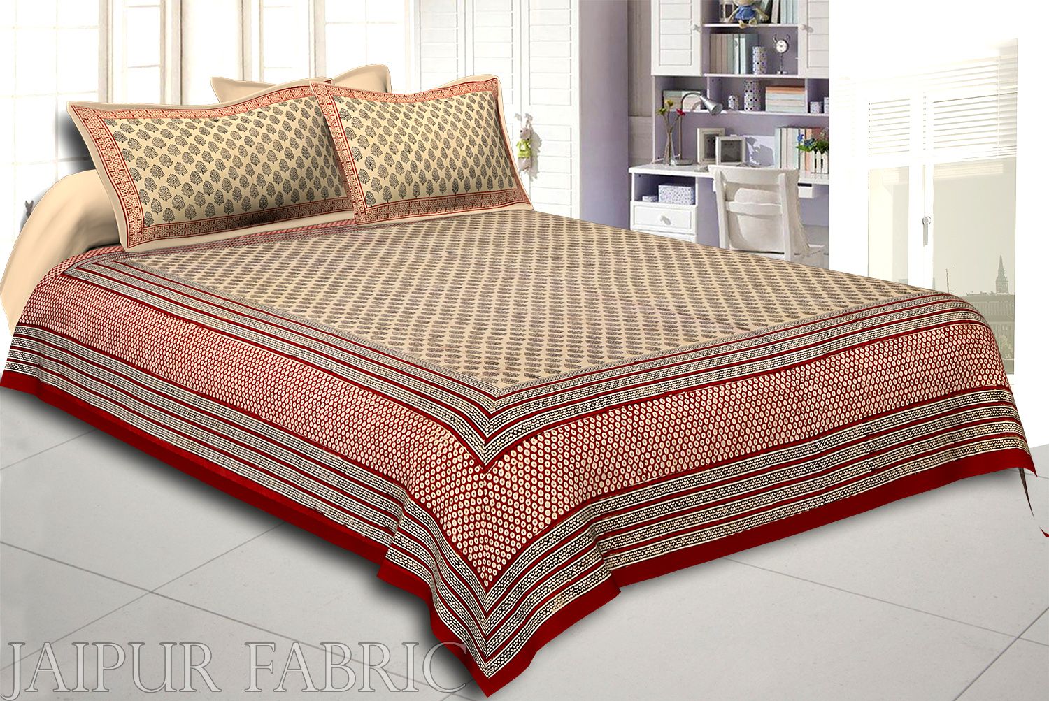 Red Border Hand Block Keri Bagru Print Cotton Double Bed Sheet