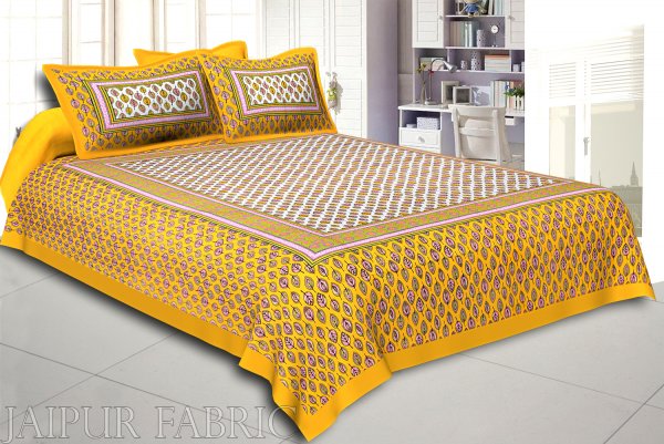Yellow Base leaf and circles Printed Cotton Double Bed Sheet
