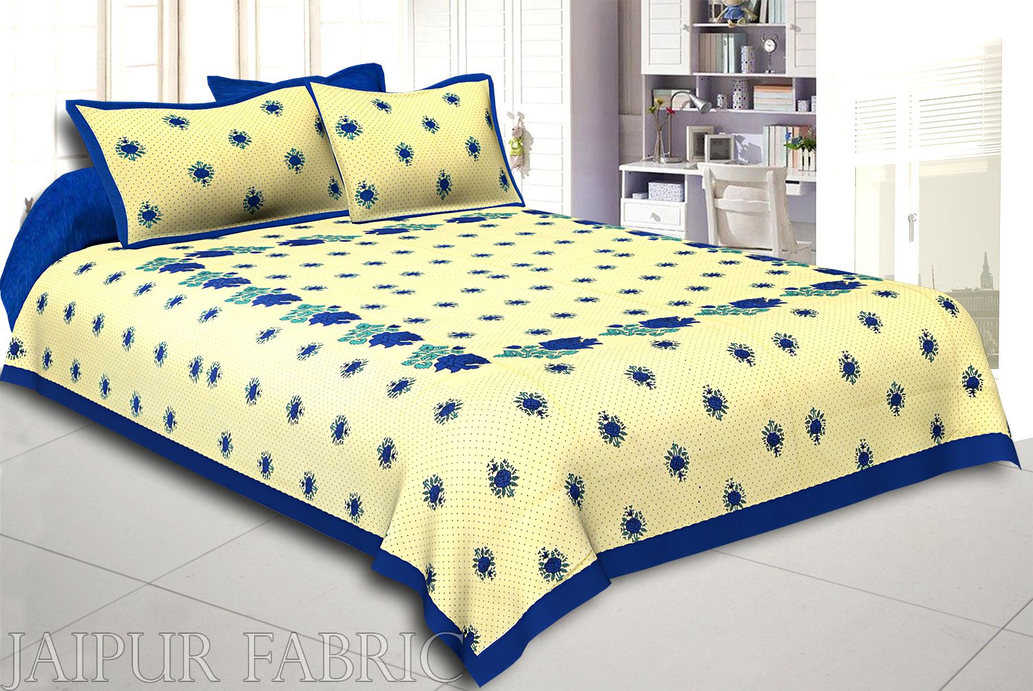 Dotted Yellow Base Blue Lotus Flower Print Cotton Double Bed Sheet