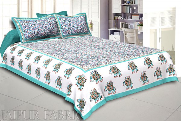 Green Elephant Safari Printed Cotton Double Bed Sheet