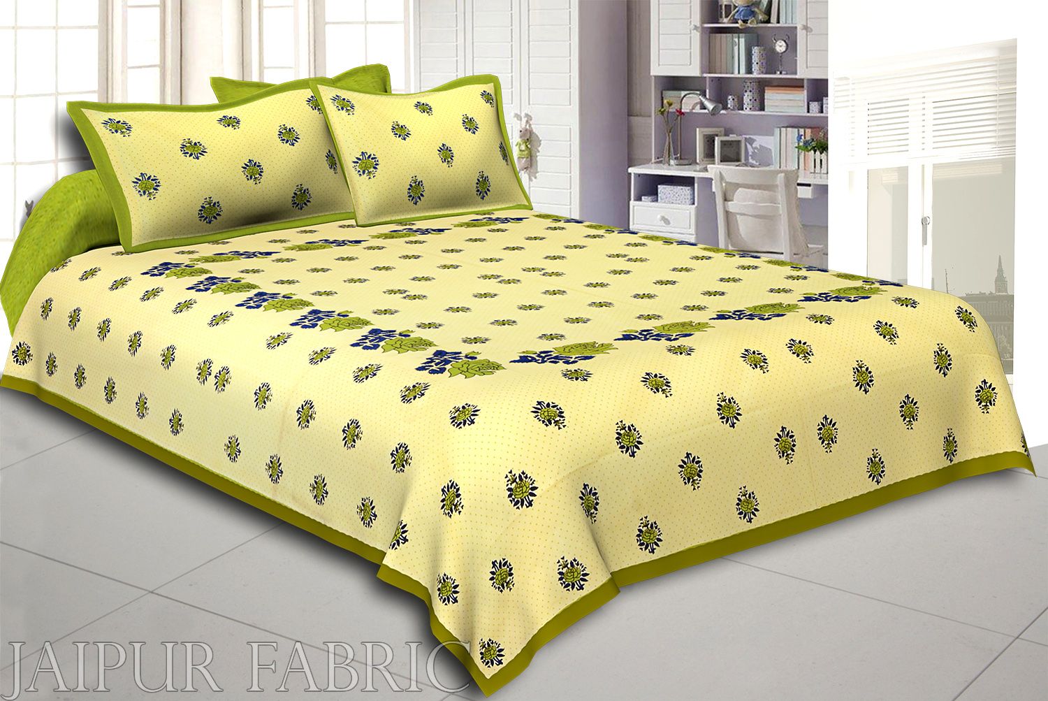 Dotted Yellow Base Green Lotus Flower Print Cotton Double Bed Sheet