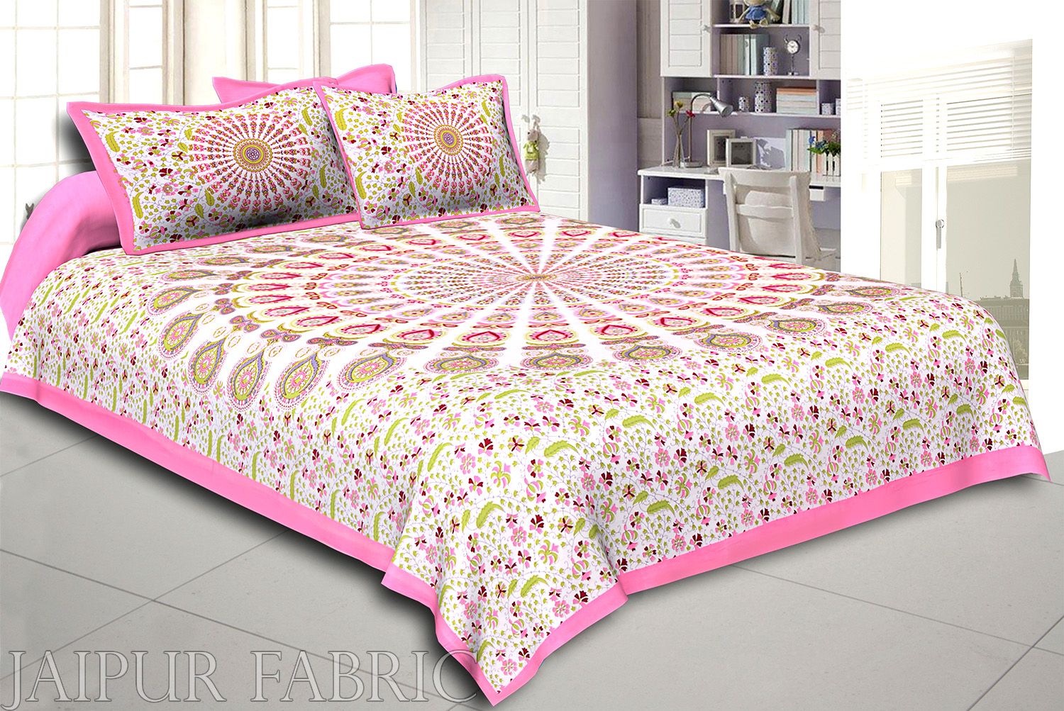 Pink Kalangi Printed Cotton Double Bed Sheet
