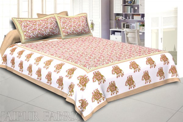 Khaki Elephant Safari Printed Cotton Double Bed Sheet
