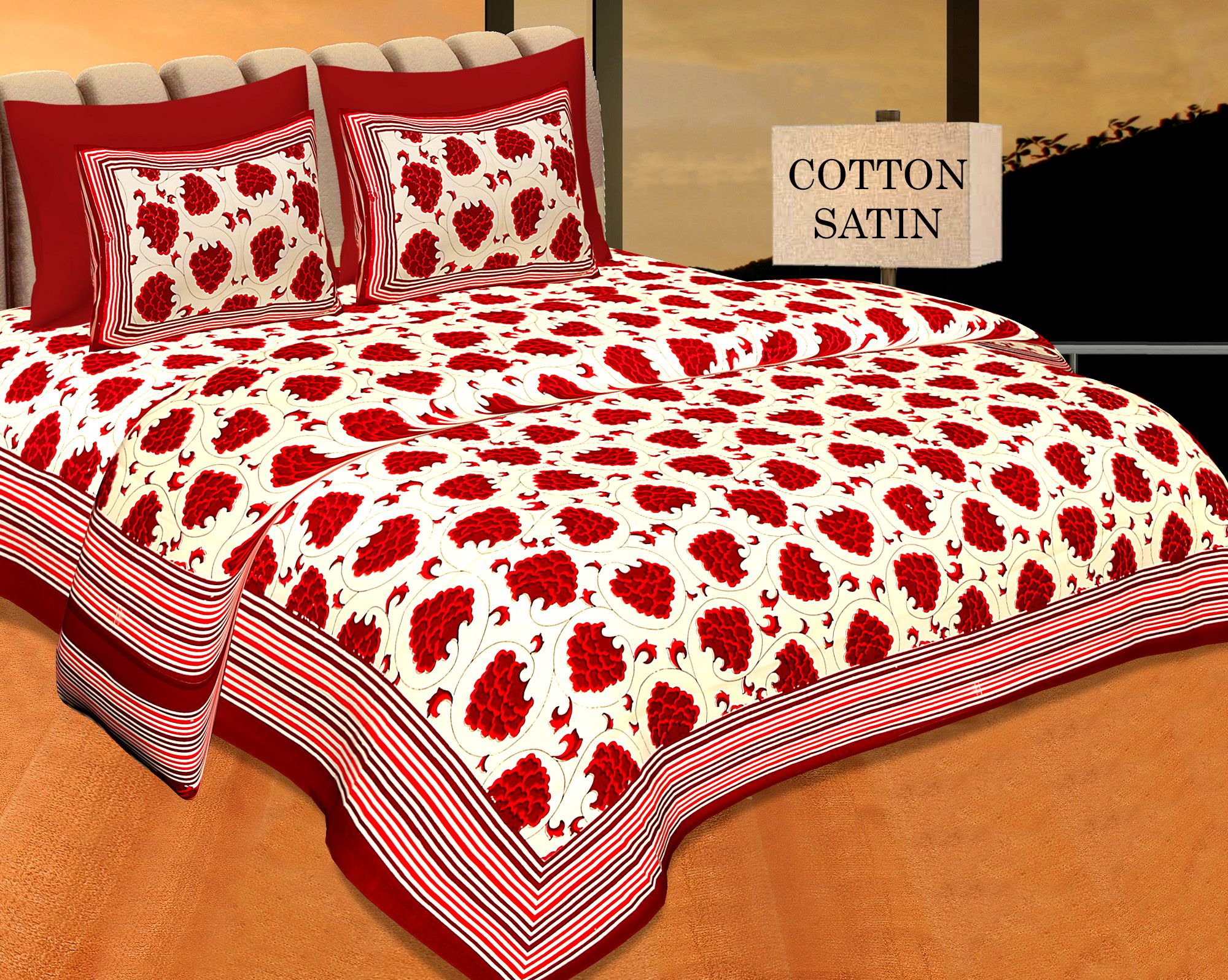 Maroon Border Lining Frame With Maroon Grapes Bunch Cotton Satin Double Bedsheet With Two Pillow