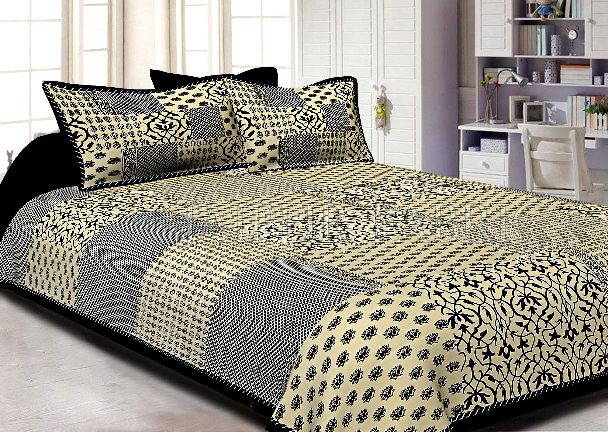 Black Border With Small Lotus Rangoli And Check Print Designer Patrn Fine Coton Poplin Double Bedsheet With Two Pillow Cover