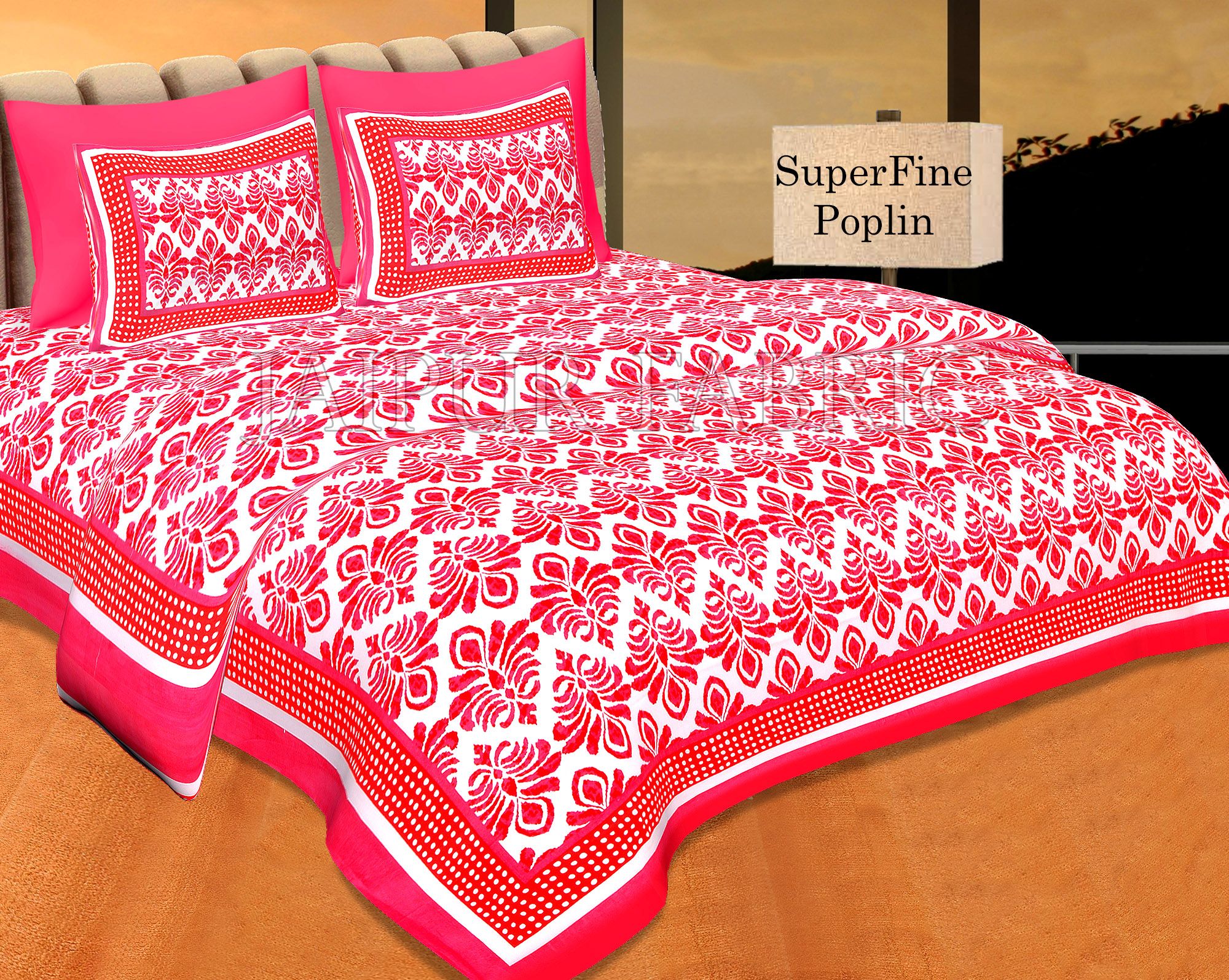Dark Pink Polka Frame Whit Base Blue Flower Print Super Fine Poplin Cotton Double Bedsheet With Two Pillow