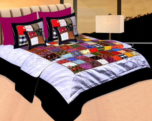 Black Base Handmade Gota Patchwork Double Bed Sheet