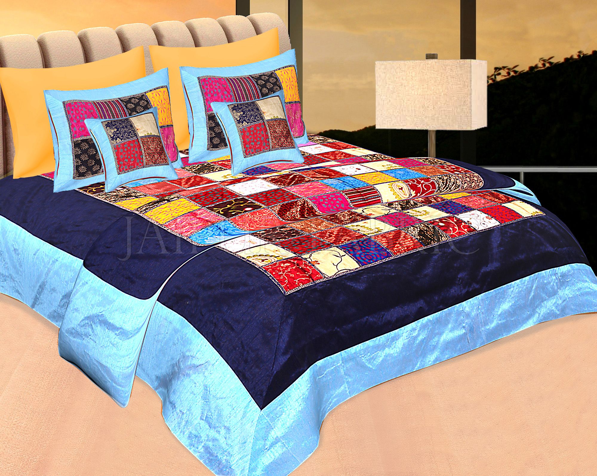 Blue Base Handmade Gota Patchwork Double Bed Sheet