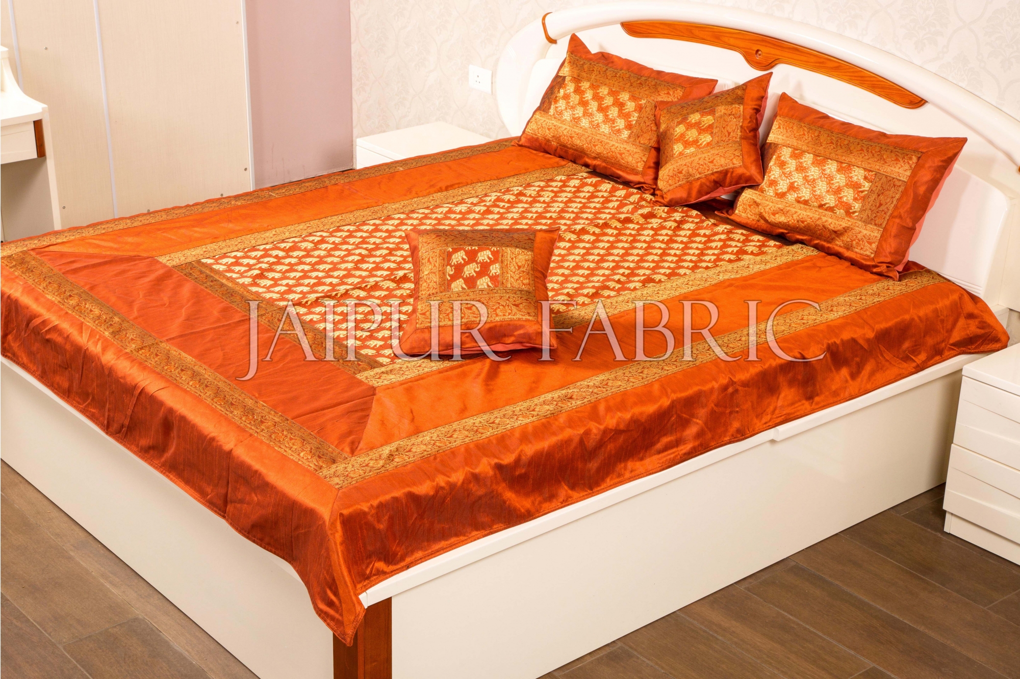 Indian Traditional Silk Golden Thread Work Double Bed Sheet with Two Pillow Covers and Two Cushion covers