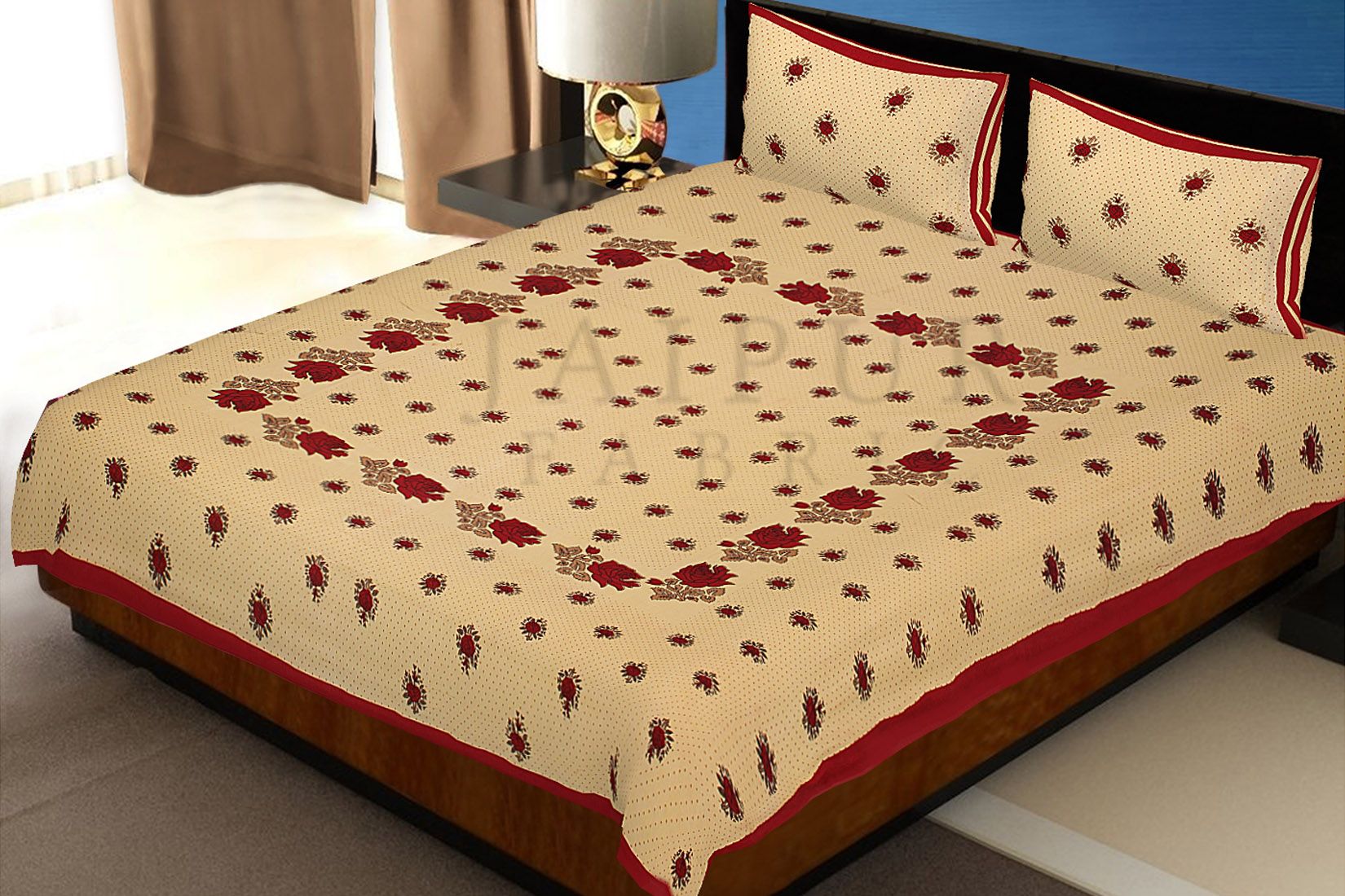 Dotted Yellow Base Red Lotus Flower Print Cotton Double Bed Sheet