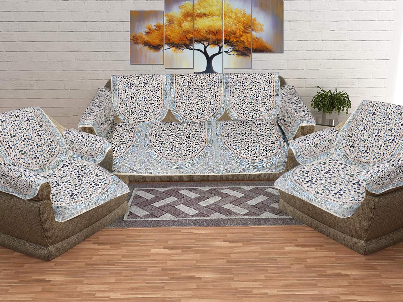 Satrangi Golden Blue Sofa Set Cover
