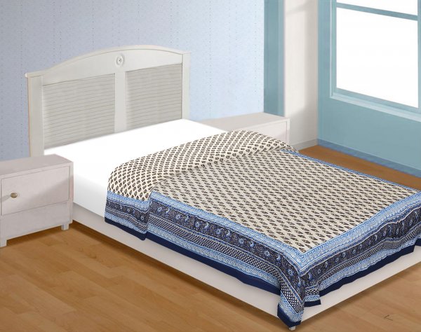 Blue Border Cream Base Golden Floral Print Super Fine Cotton Voile(Mulmul) Both Side Single  Bed Quilt
