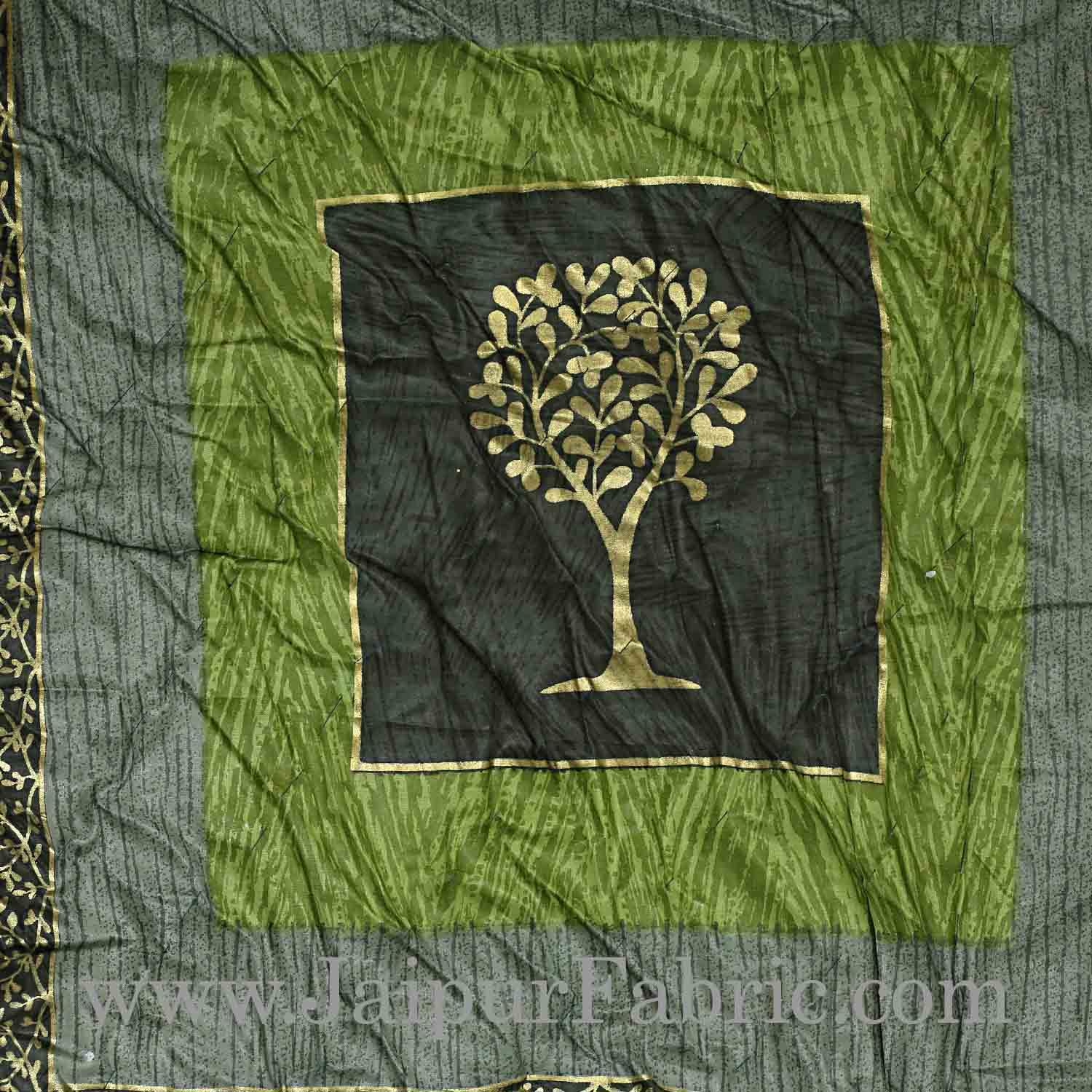 Mehandi And Green Golden Jaipuri  Tree  print Single Bed Quilt