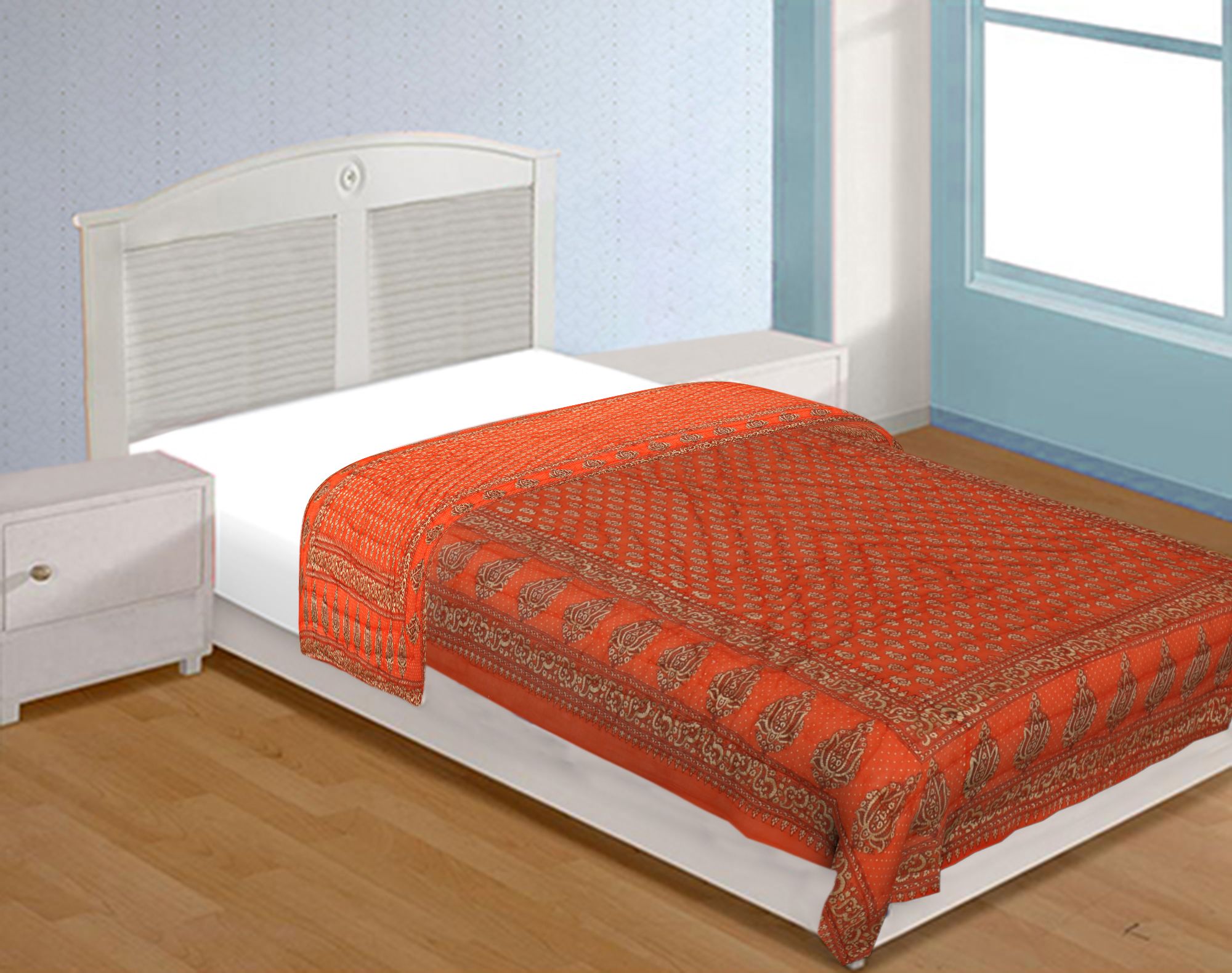 Jaipuri Single Razai Orange Color With Orange Base Small Booti Print