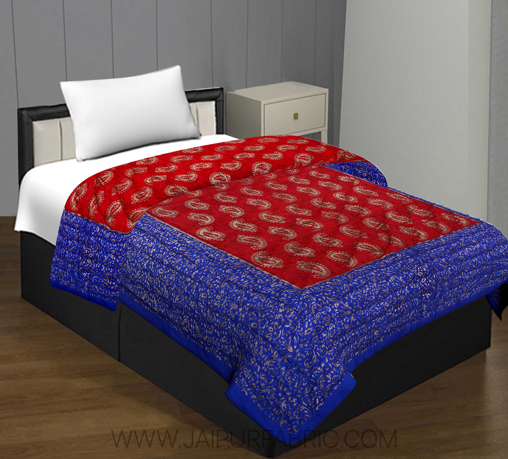 Jaipuri Printed Single Bed Razai Golden Red and blue with Paisley pattern
