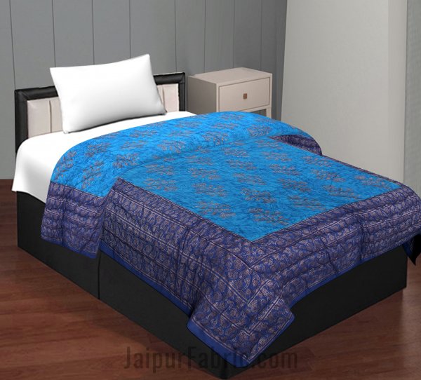 Jaipuri Printed Single Bed Razai Golden Blue and Purple with Paisley pattern