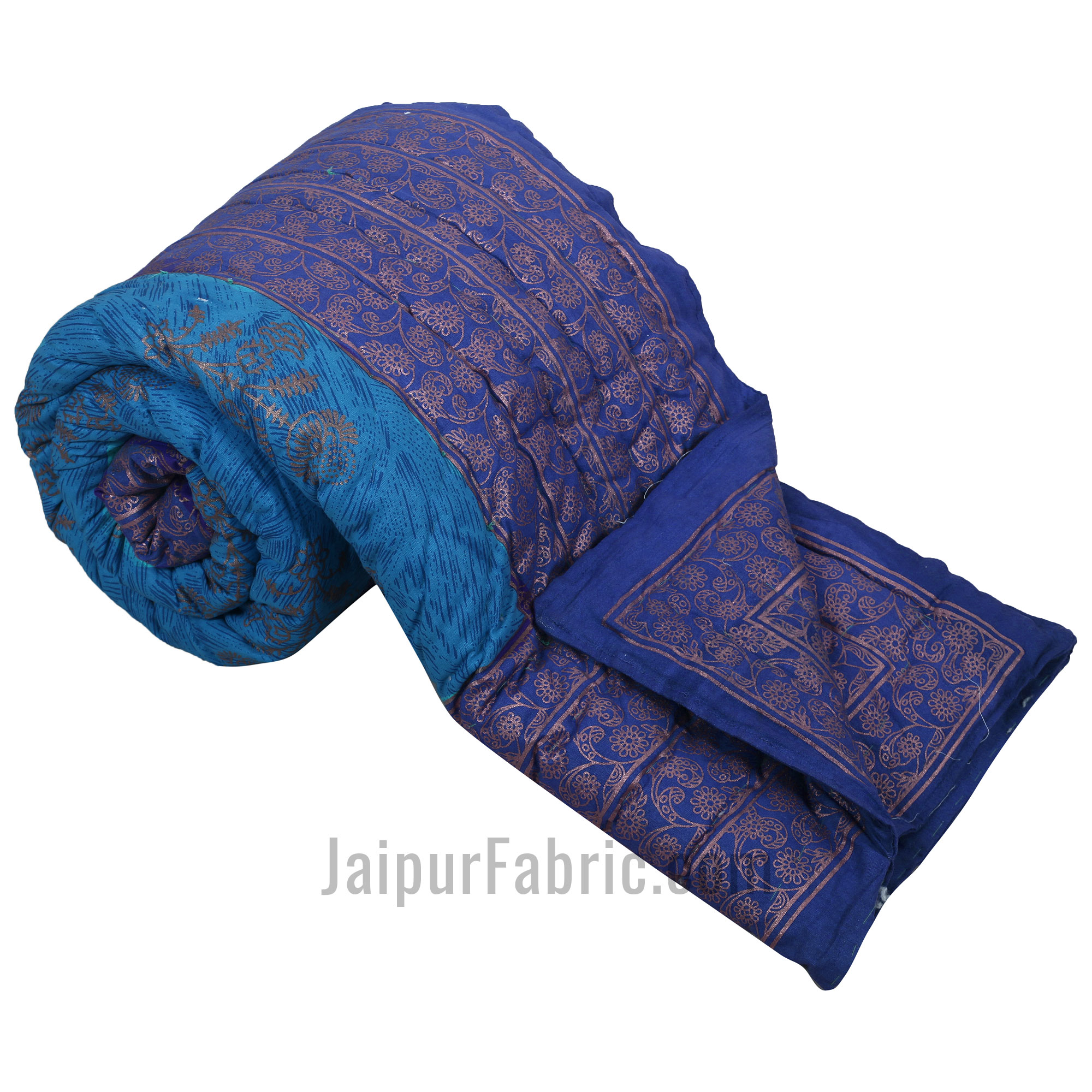 Jaipuri Printed Single Bed Razai Golden Blue and Purple with Paisley pattern