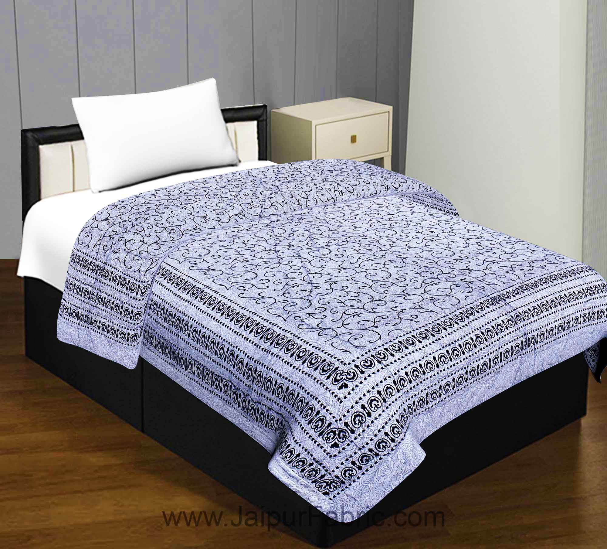 Light Blue  Cream Base Fine Cotton Voile(Mulmul) Both Side Printed Cotton Single Bed Quilt
