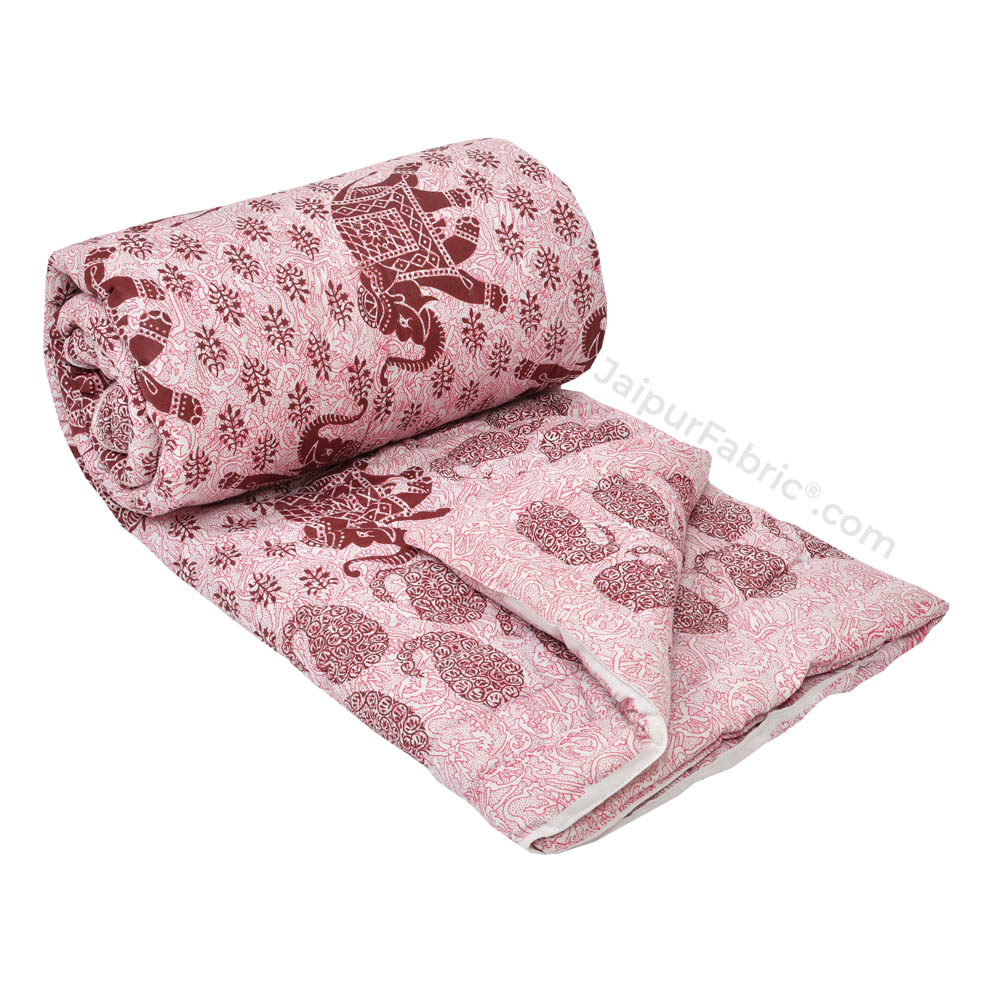 Jaipuri Quilt Maroon Elephant Print 200Gsm Fine Cotton Single Bed Rajai