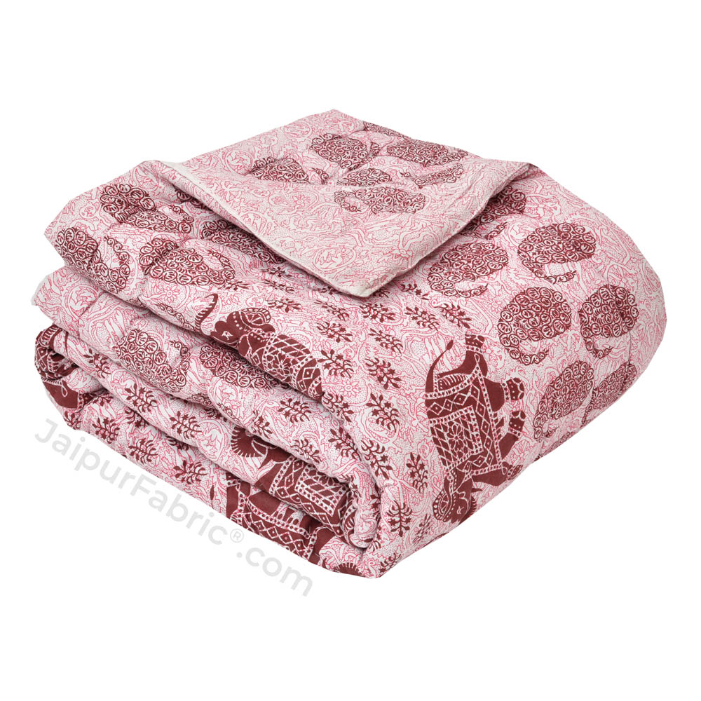 Jaipuri Quilt Maroon Elephant Print 200Gsm Fine Cotton Single Bed Rajai